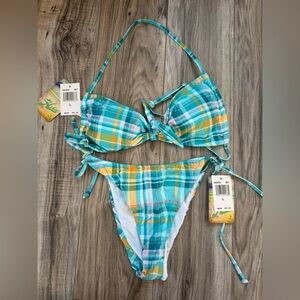 NWT Hobie Halter Plaid Bikini Set with Bow Detail in Blue and Yellow Size Large